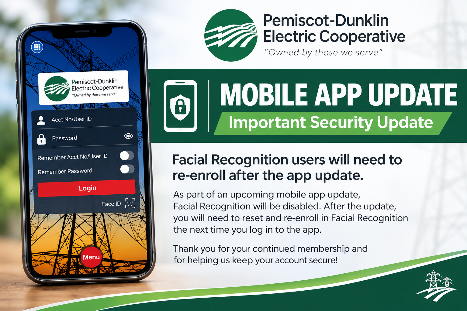 PDEC mobile app security update notice regarding Facial Recognition